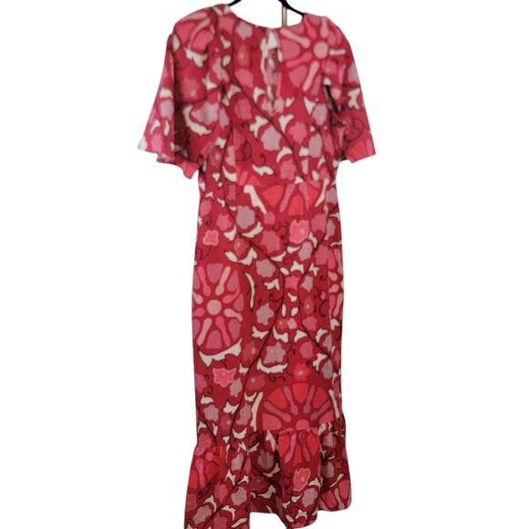 Rhode X Target Dress Womans 10 Red Zinnia Floral Print Midi Ruffle Linen NWT - Picture 2 of 10